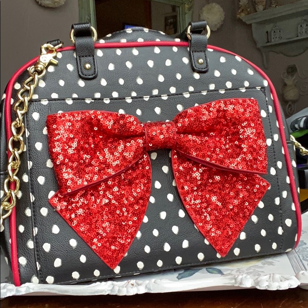 Betsey Johnson polka dot, red sequin bow purse